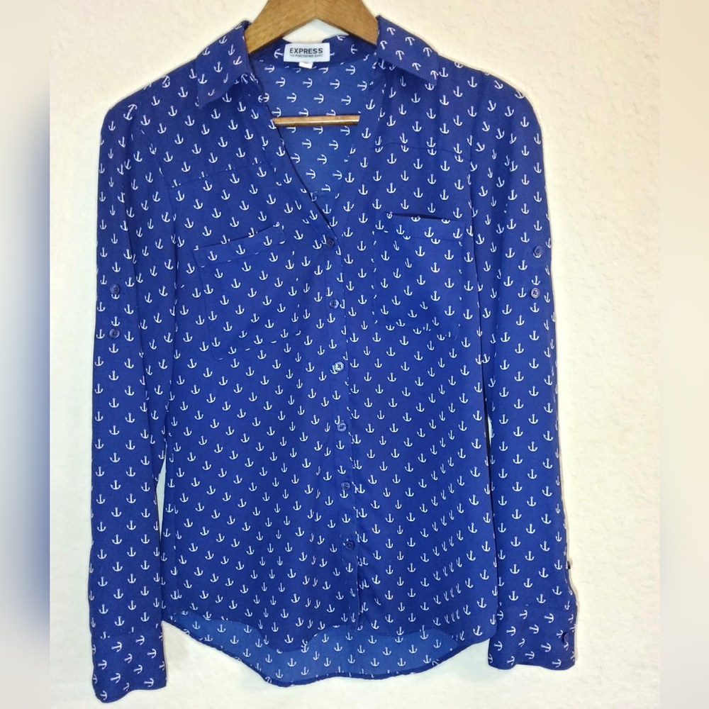 Express Portofino Shirt Womens XS Blue White Nautical Anchor‎ Print Button Down